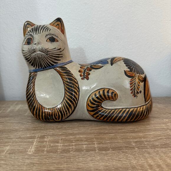 Vintage Folk Art Tonala Cat Figurine Hand Painted Mexico Pottery‎ Brown Blue Tan - Picture 1 of 9